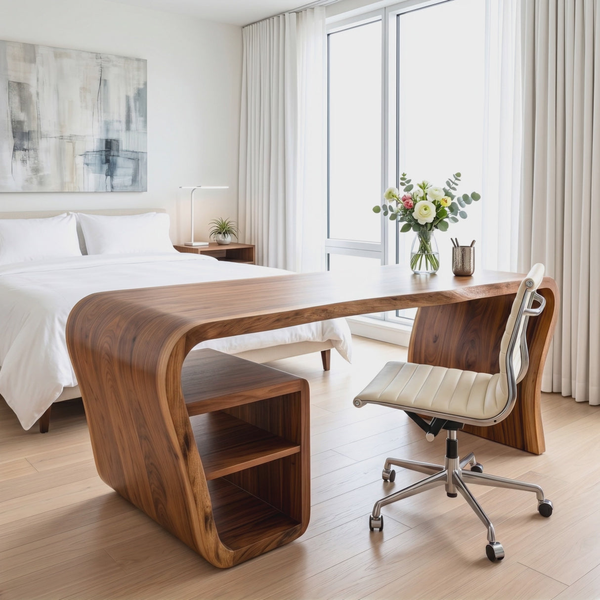 Organic Solid Wood Desk with Waterfall Side Shelf
