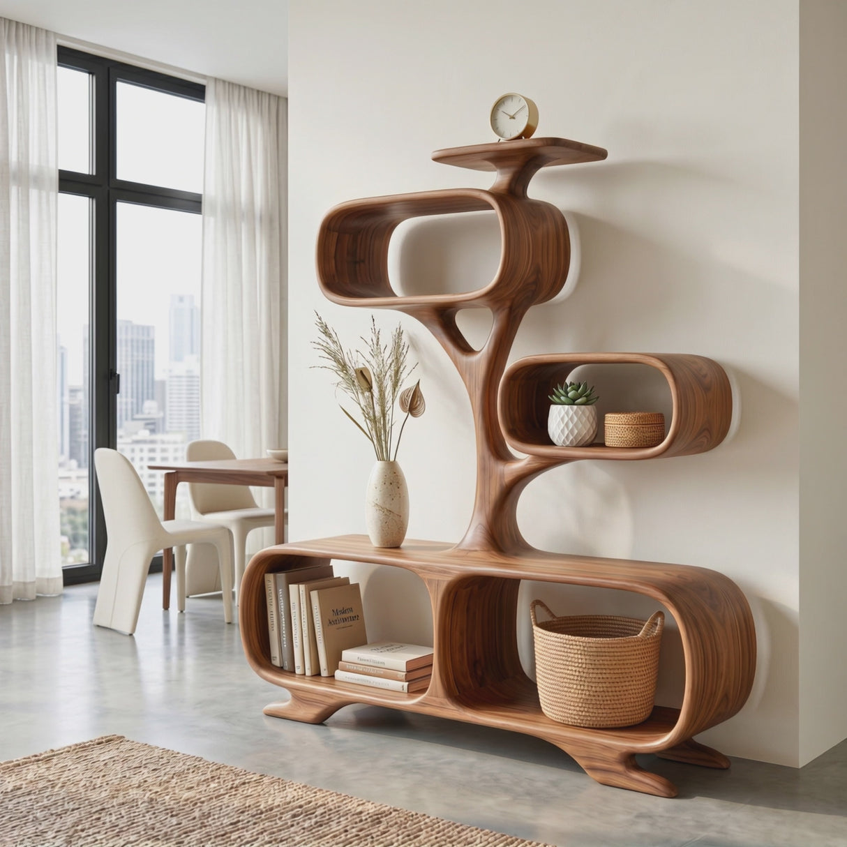 Organic Solid Wood Display Shelf with Tree-Inspired Open Compartments