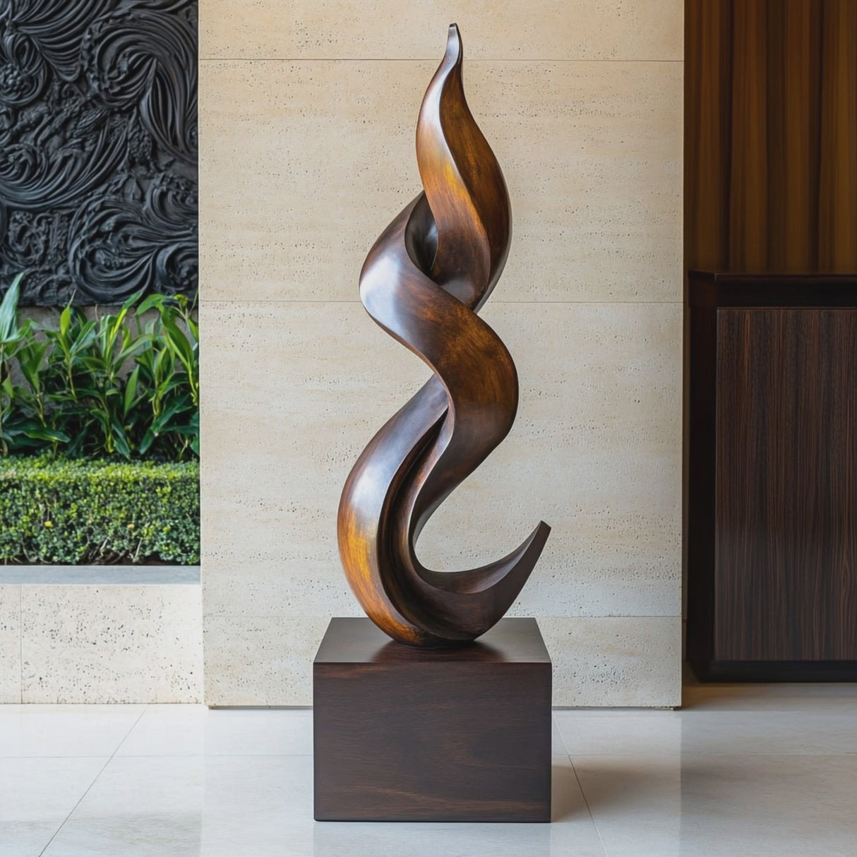 Solid Wood Twisting Flame Sculpture for Modern Interior Display