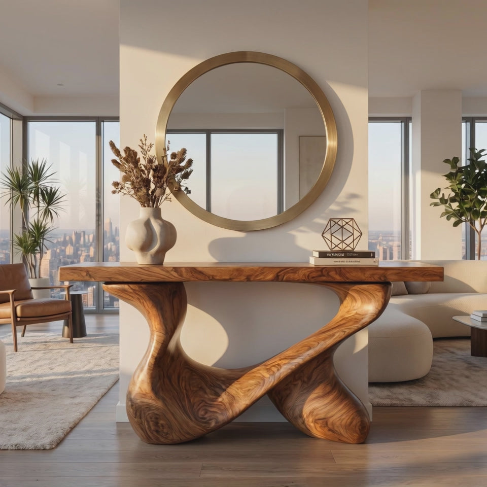 Console Table Solid Wood with Interlocking Loop Base for Entryway Decor