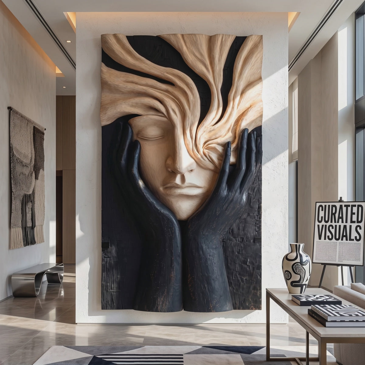 Handcrafted Solid Wood Face Wall Sculpture with Flowing Grain Hair and Black Relief Hands