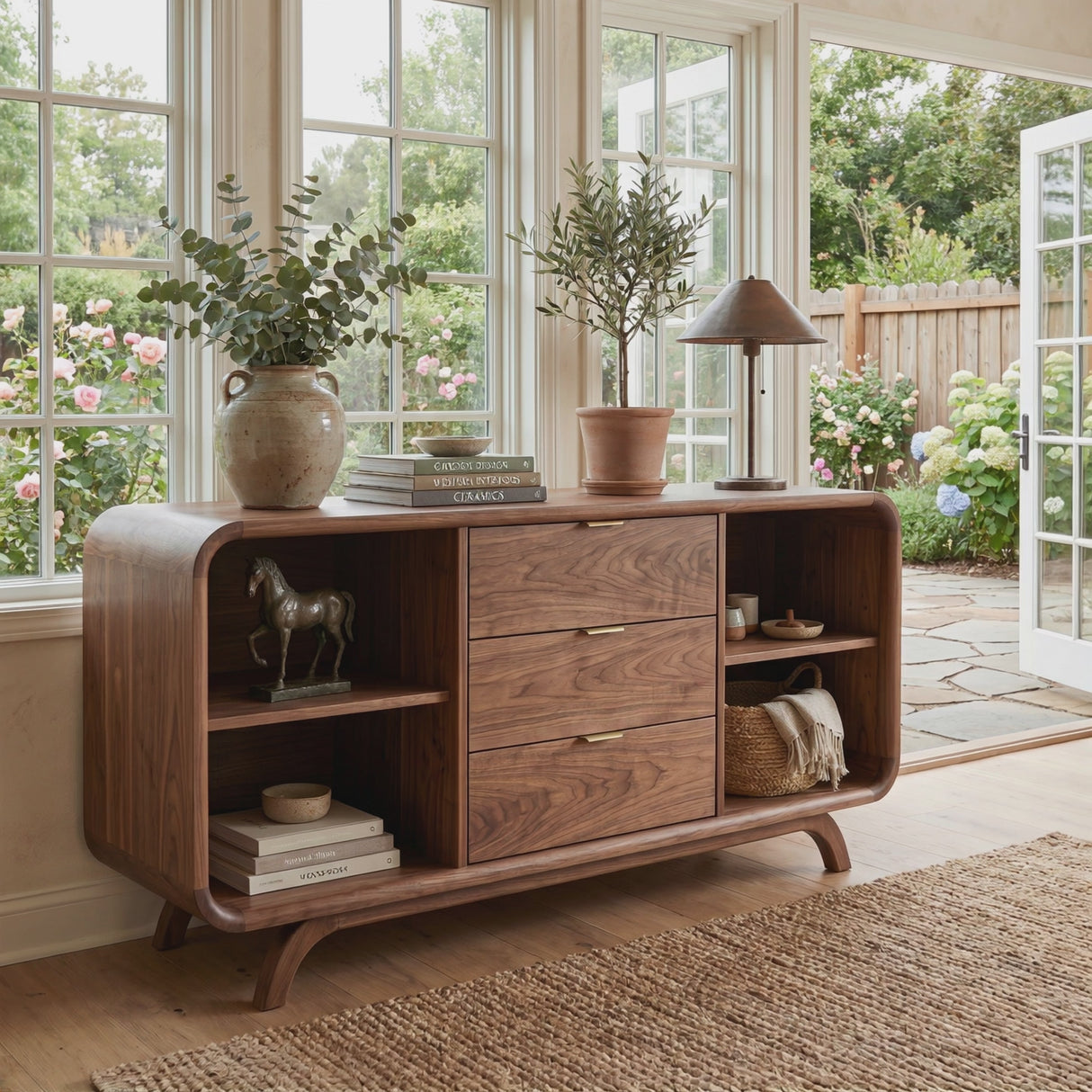 Handcrafted Solid Wood Sideboard with Three Drawers and Open Shelving