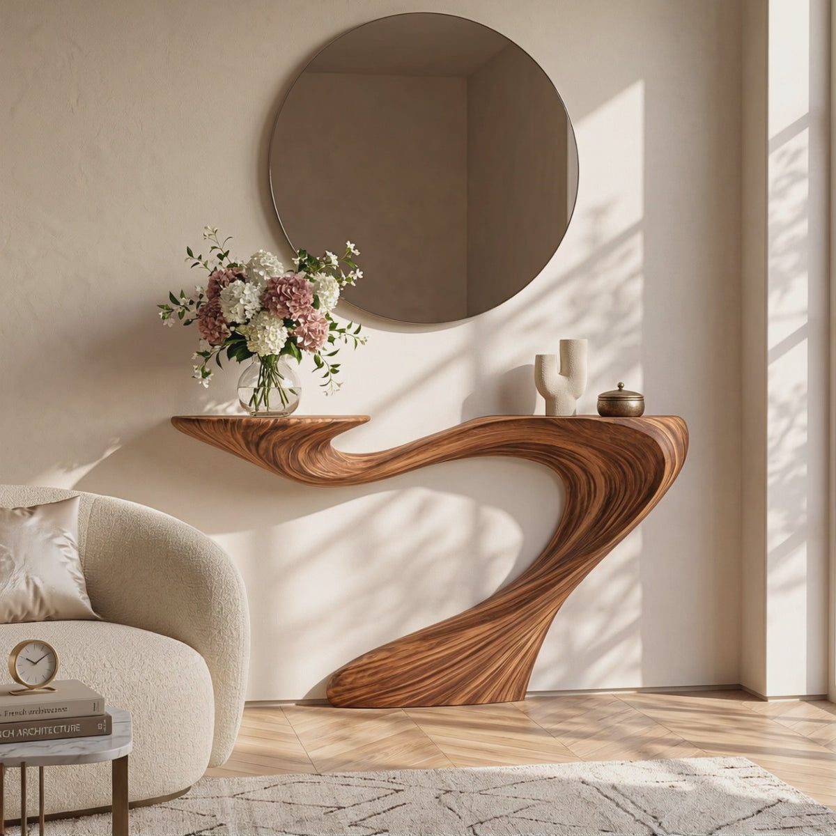 Solid Wood Console Table with Sculptural Sweeping Curve Base for Entryway Decor
