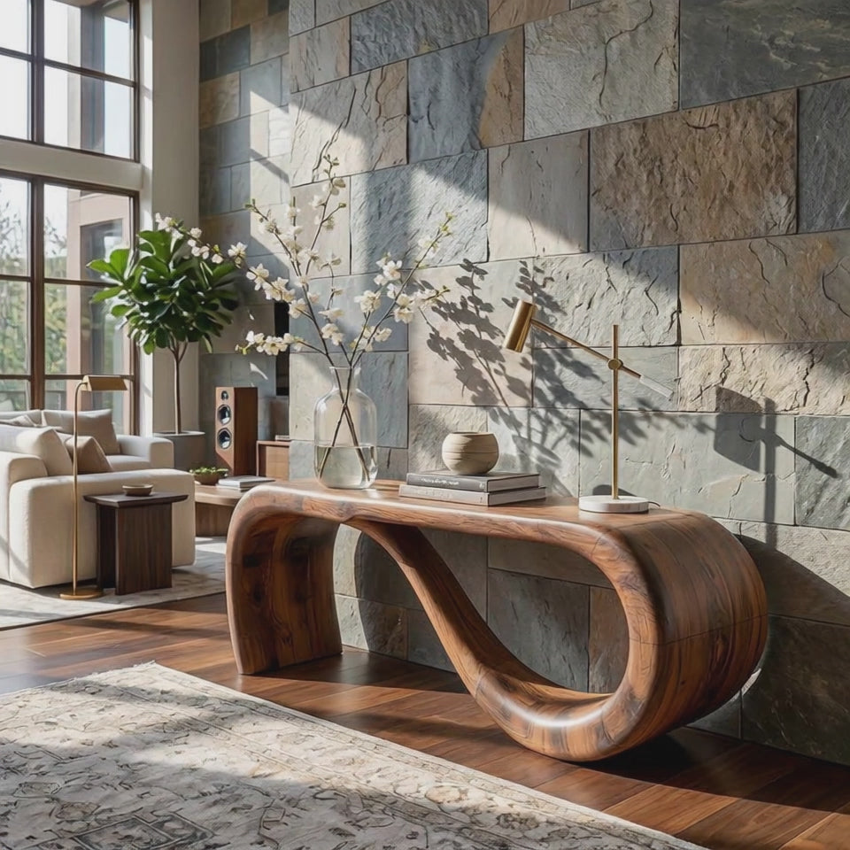 Organic Loop Solid Wood Console Table with Sculptural Curved Base