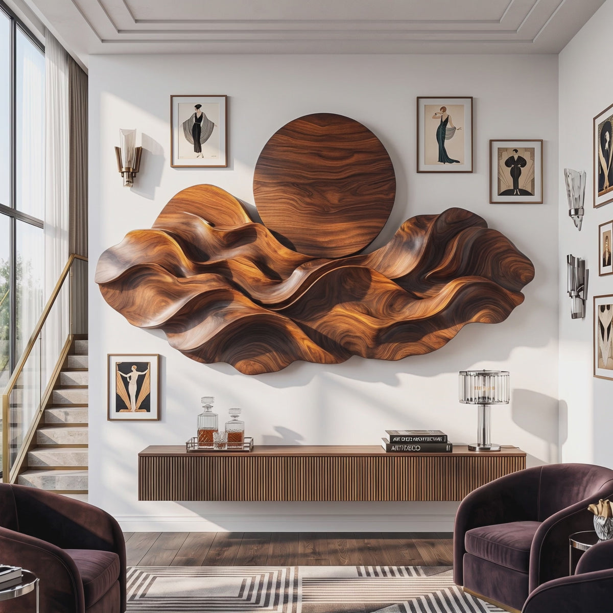Wall Sculpture Solid Wood with Layered Wave Landscape and Circular Sun Design