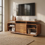 Solid Wood Low Sideboard Cabinet with Drawers and Open Storage Shelves