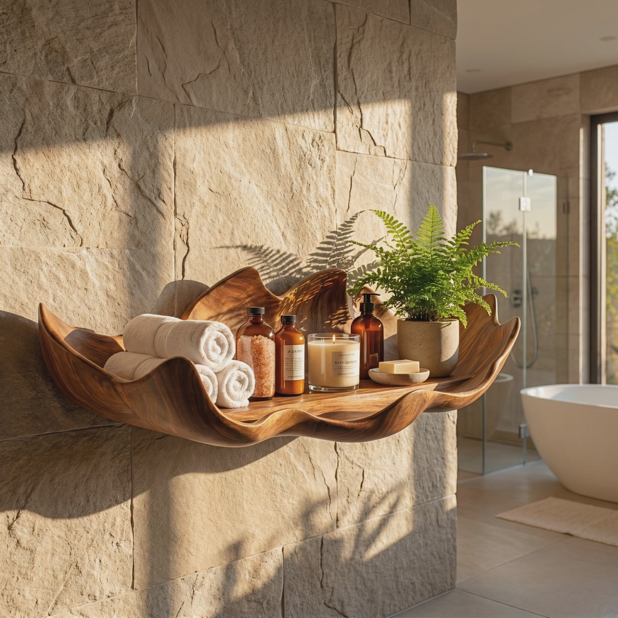 Handcrafted Solid Wood Bloom Tray Wall Shelf with Sculpted Petal Edge