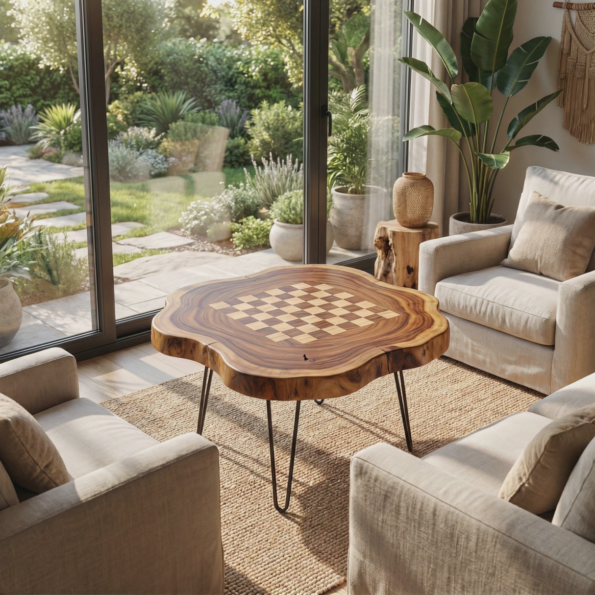 Handcrafted Live Edge Solid Wood Chess Coffee Table with Hairpin Legs