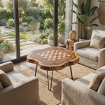 Handcrafted Live Edge Solid Wood Chess Coffee Table with Hairpin Legs