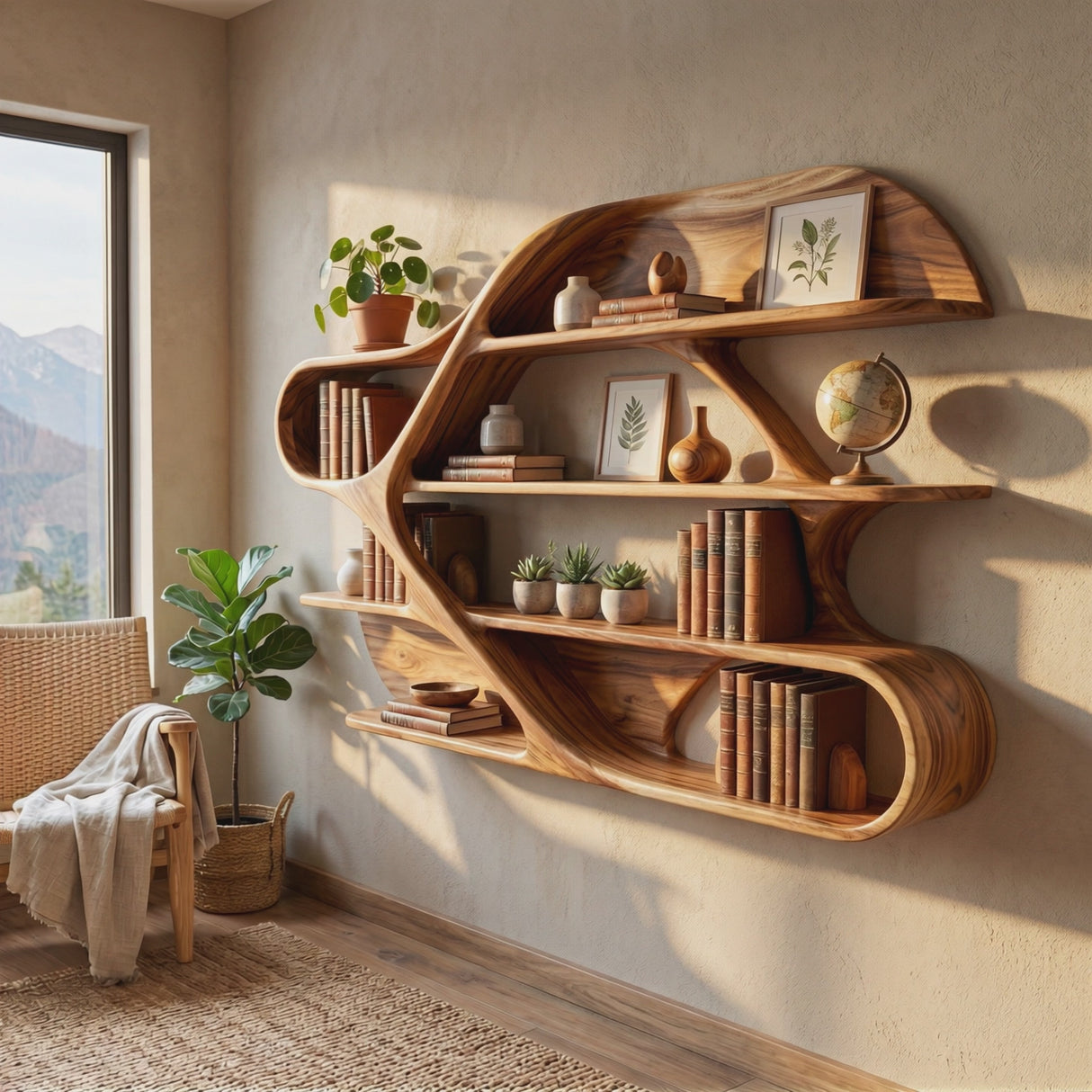 Organic Solid Wood Wall Bookshelf with Sculptural Open Shelves