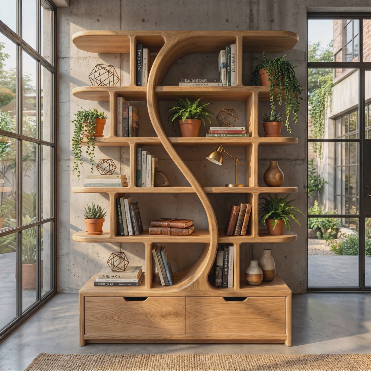 Organic Solid Wood Bookshelf with S Curve Divider and Base Drawers