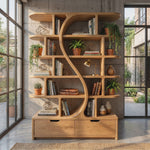 Organic Solid Wood Bookshelf with S Curve Divider and Base Drawers