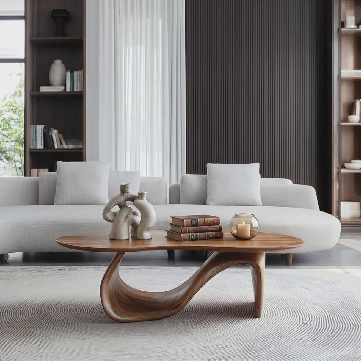 Solid Wood Coffee Table with Asymmetric Loop Base for Living Room