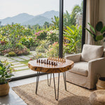Round Solid Wood Chess Coffee Table with Organic Edge and Hairpin Legs