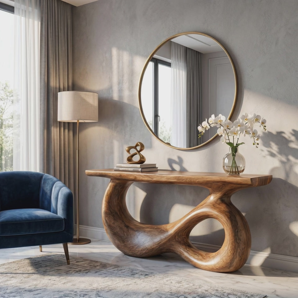 Console Table Solid Wood with Double Hollow Loop Base for Entryway Decor