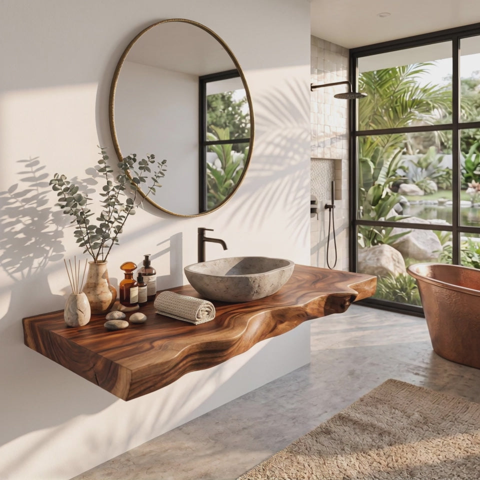 Solid Wood Floating Bathroom Vanity Shelf with Sculpted Live Edge for Modern Decor