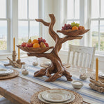 Solid Wood Sculptural Fruit Bowl with Twin Floating Trays and Branch Form Base