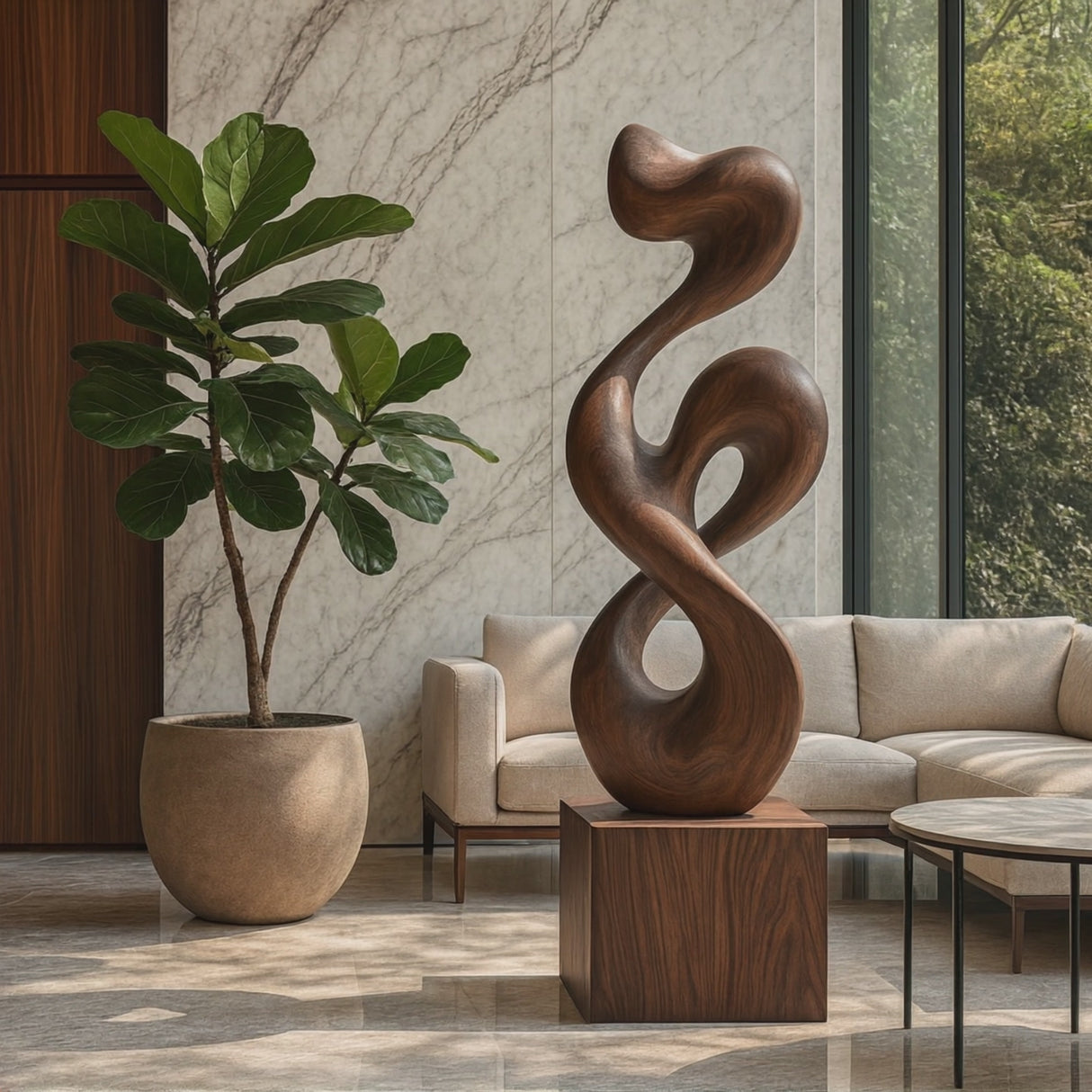 Organic-Form Solid Wood Sculpture for Living Rooms and Offices