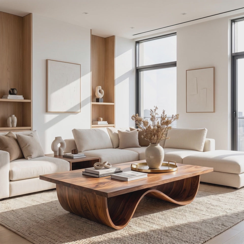 Sculptural Solid Wood Coffee Table with Curved Base