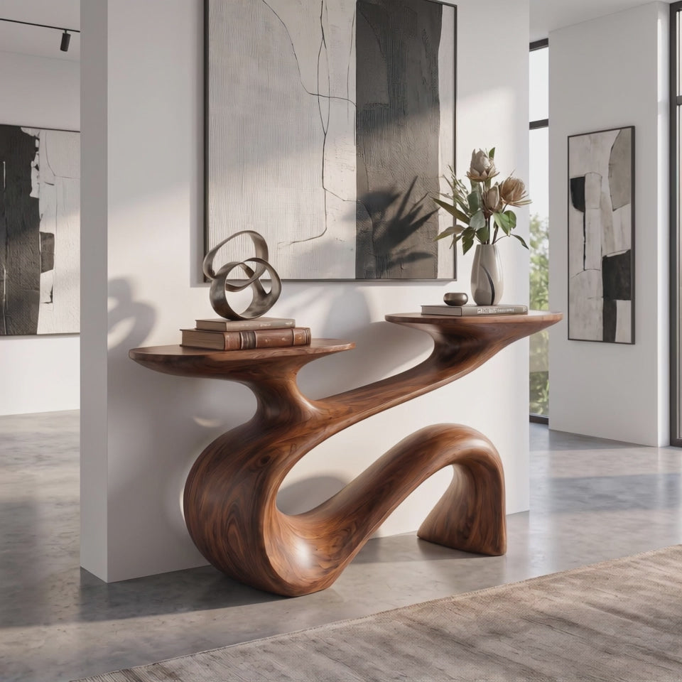 Console Table Solid Wood with Flowing Curved Base for Entryway Decor