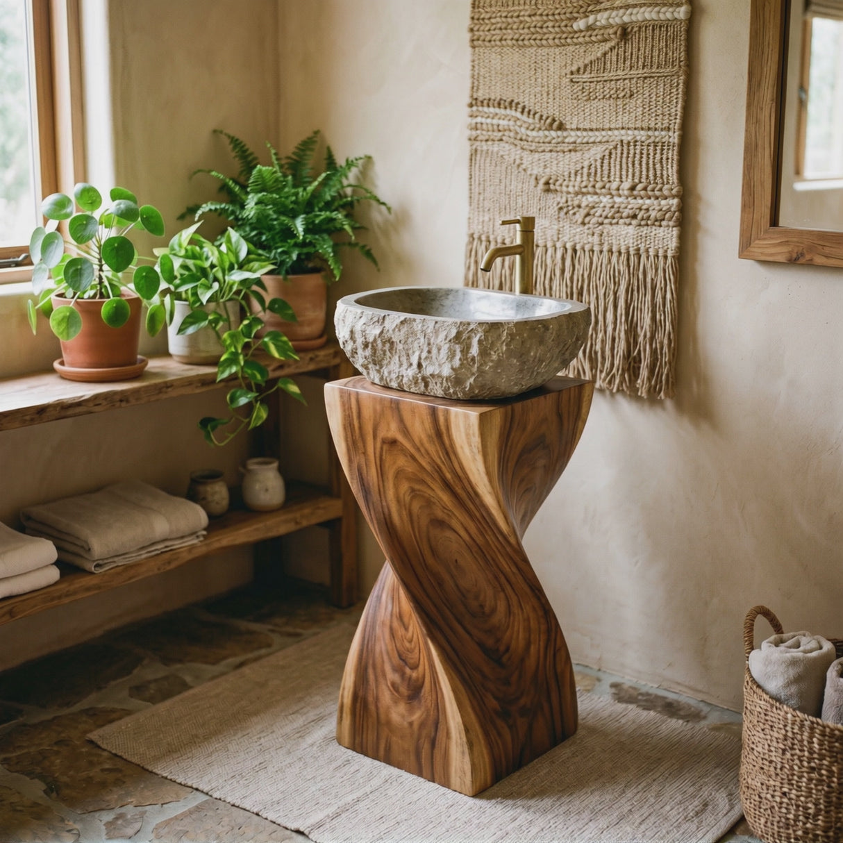 Twisted Solid Wood Pedestal Bathroom Sink Stand