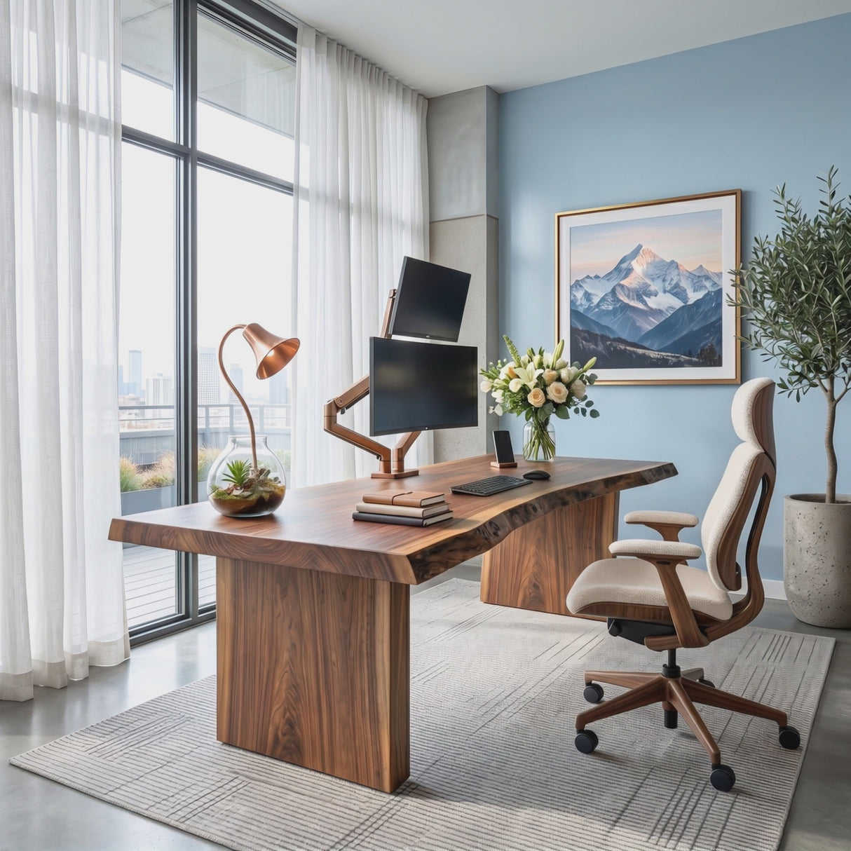 Solid Wood Executive Desk with Live Edge Top and Block Pedestal Legs