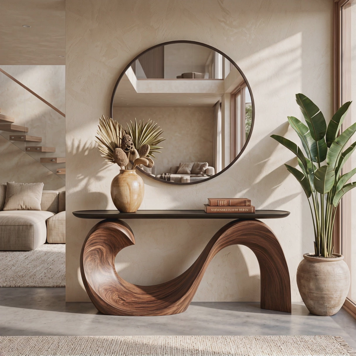 Console Table Solid Wood with Sculptural Wave Loop Base and Dark Top