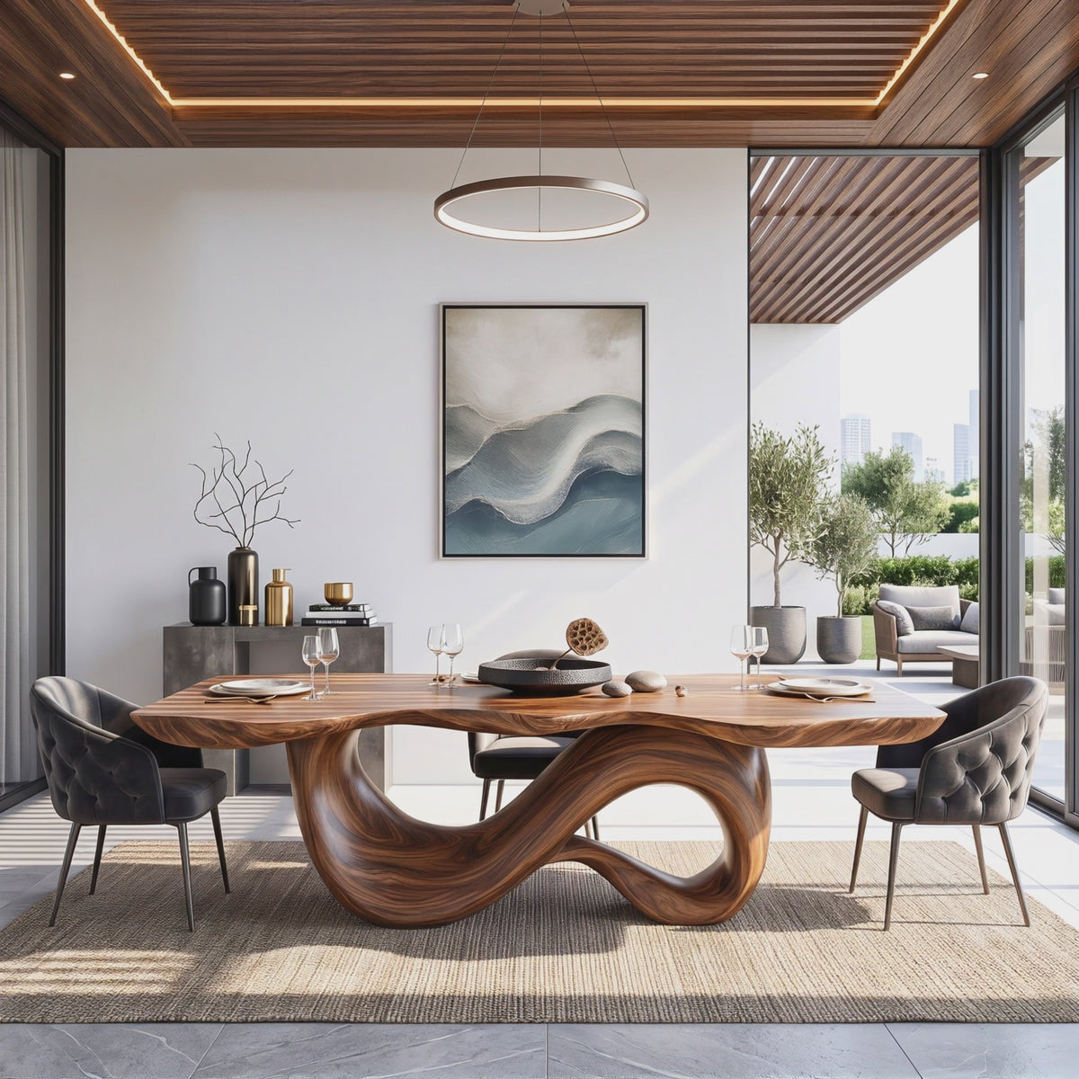 Dining Table with Sculptural Double Loop Base and Solid Wood Top