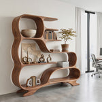 Organic Solid Wood Bookshelf with Flowing S-Shaped Shelves