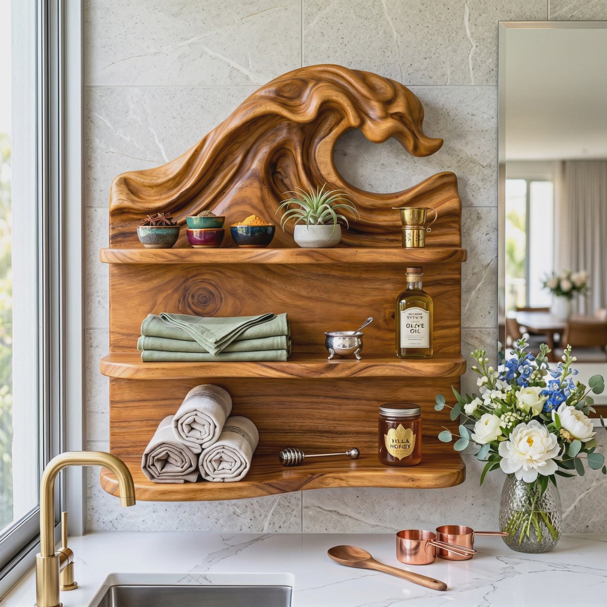 Ocean Wave Wood Wall Shelf with Three Storage Tiers