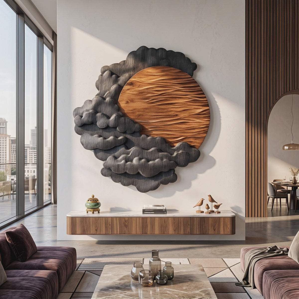 Sculptural Wall Art with Layered Black Clouds and Oversized Natural Wood Sun