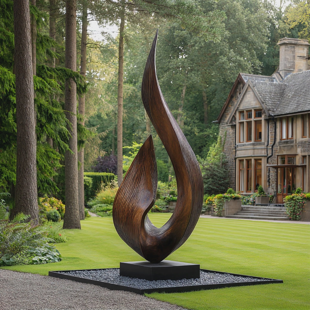 Large Outdoor Solid Wood Textured Flame Sculpture with Plinth for Gardens
