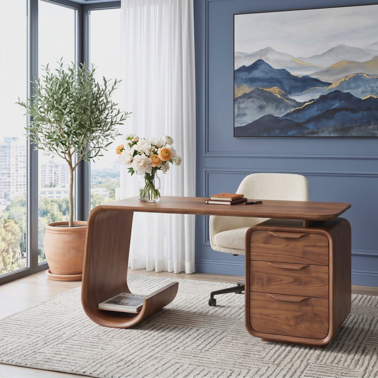 Organic Solid Wood Desk with Waterfall Shelf and Drawer Pedestal