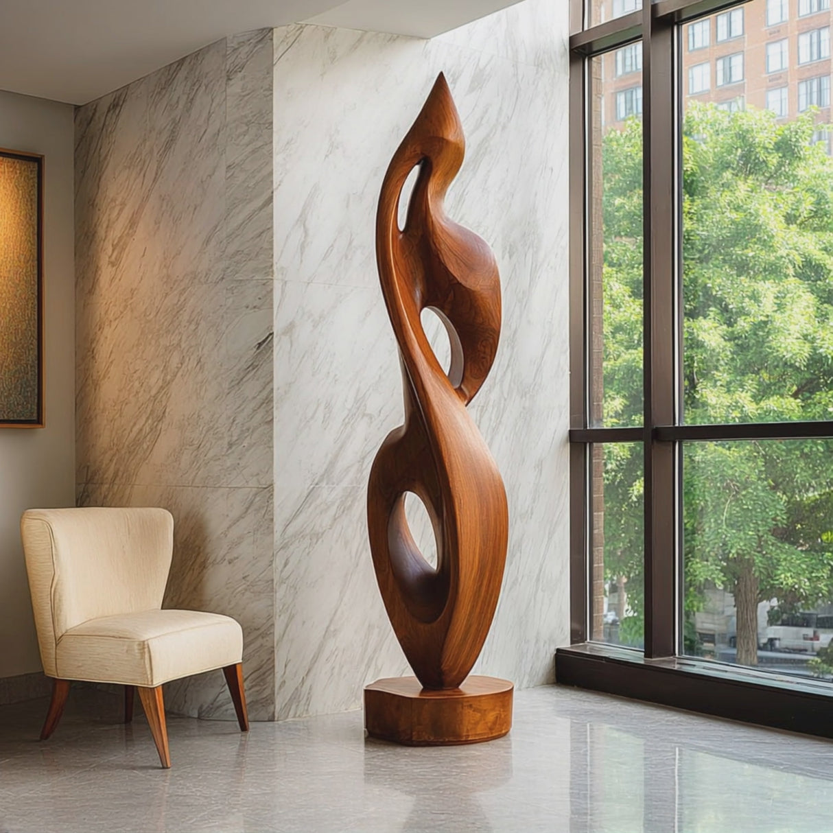 Handcrafted Solid Wood Abstract Floor Sculpture with Flowing Open Form