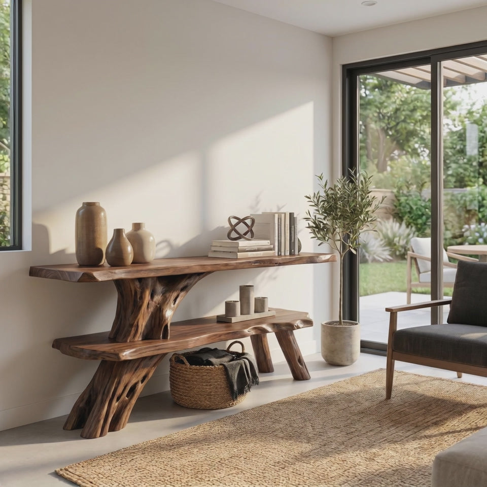 Organic Wooden Console Table Handmade Rustic Display Shelf