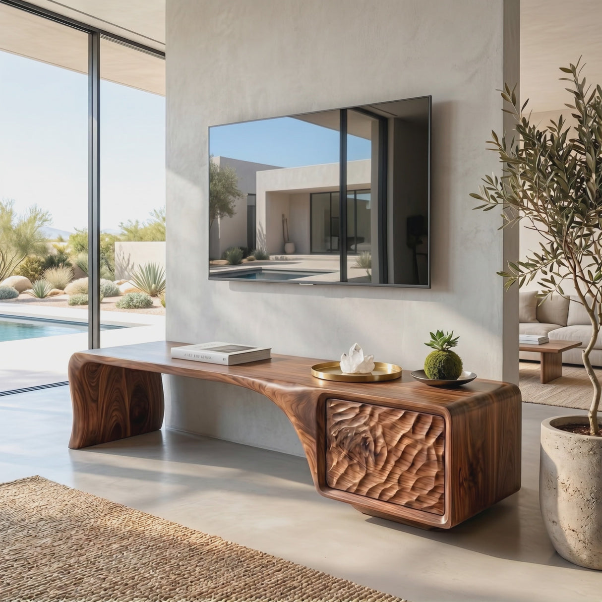 Organic Solid Wood TV Console with Sculptural Carved Cabinet Door