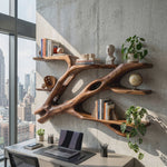 Sculptural Solid Wood Wall Bookshelf with Flowing Branch Shelves