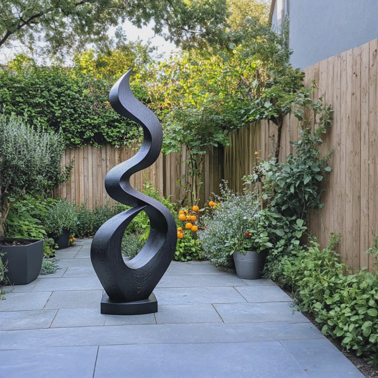 Outdoor Solid Wood Spiral Flame Sculpture for Courtyards, Patios, and Modern Gardens