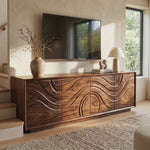TV Console Sideboard Solid Wood with Wave Carved Cabinet Storage