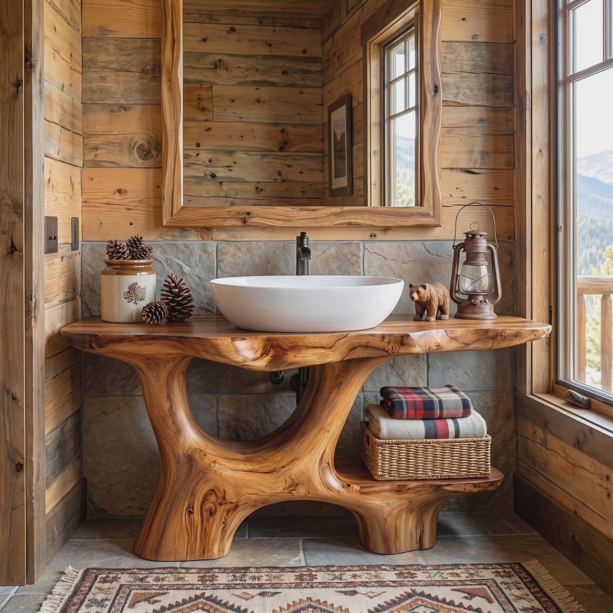Bathroom Vanity Solid Wood with Open Arch Base and Side Shelf for Cabin Bathroom