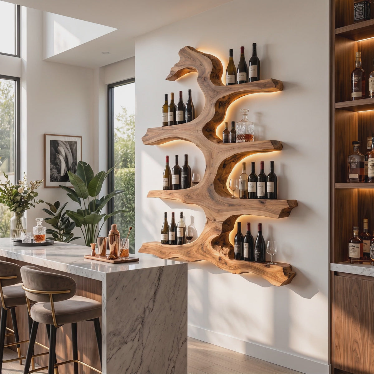 Wall Wine Rack Solid Wood with Sculptural Tree Branch Shelves for Dining Room