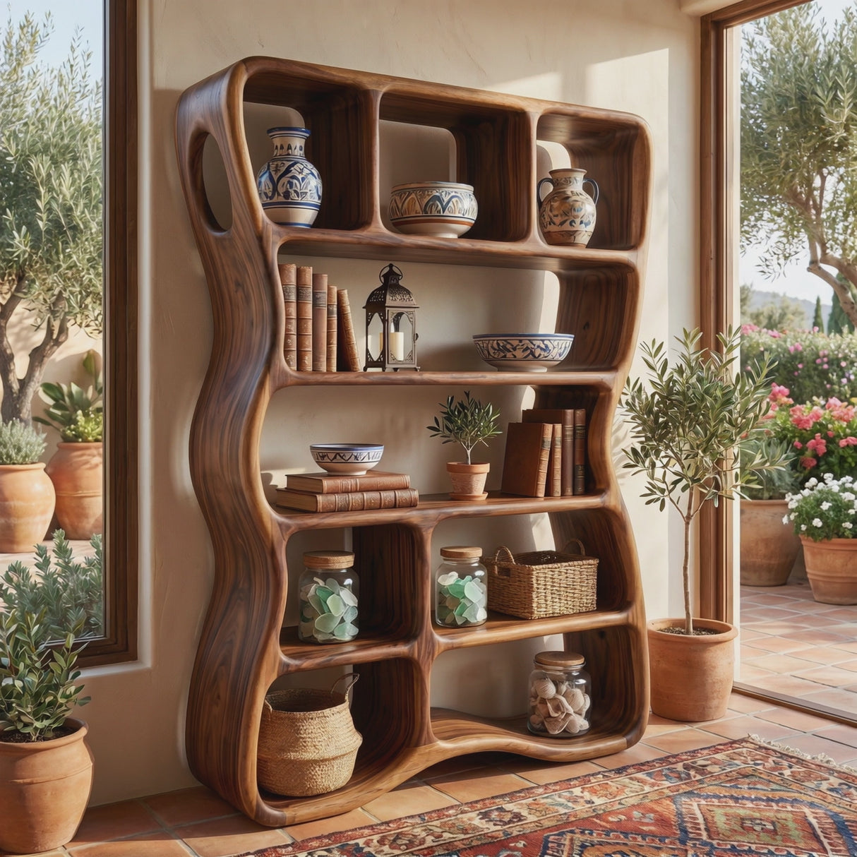 Handcrafted Solid Wood Organic Bookshelf with Rounded Open Shelves