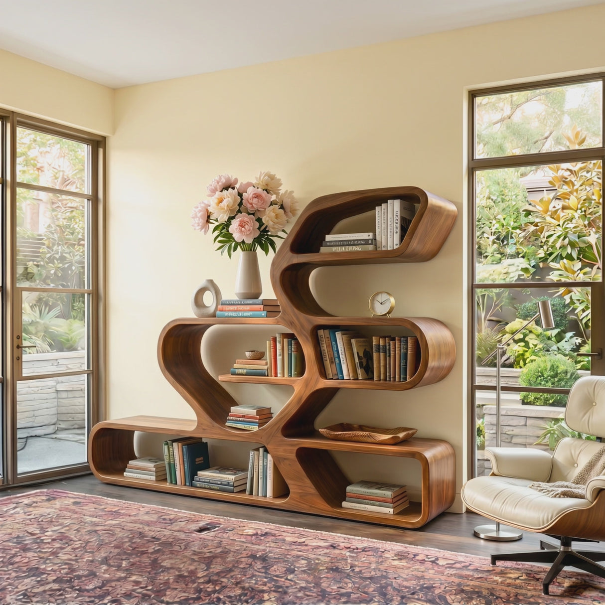 Organic Solid Wood Bookshelf with Flowing Freeform Shelves