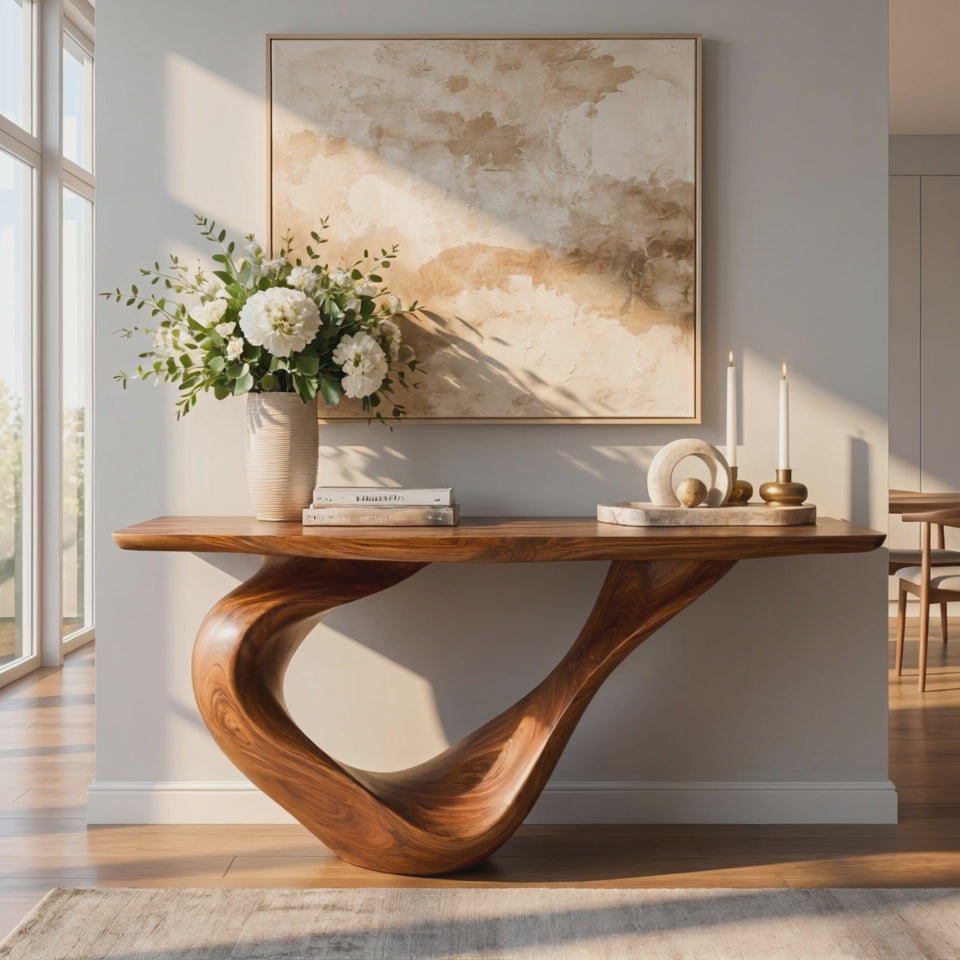 Solid Wood Console Table with Ribbon Curve Base for Entryway Decor