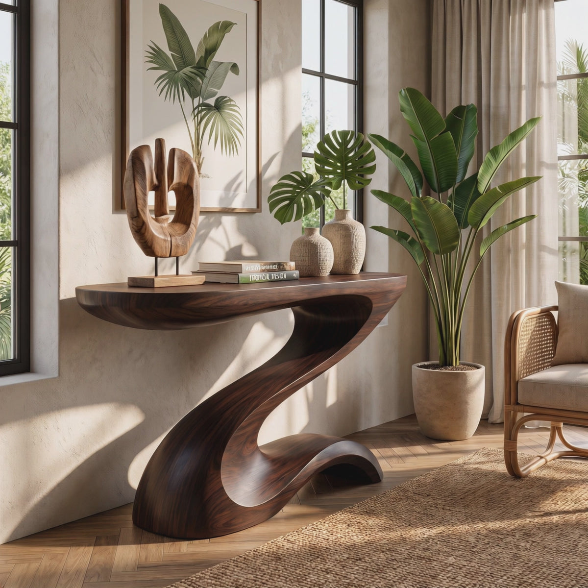 Console Table Solid Wood with Sculptural Z Curve Base for Entryway Decor