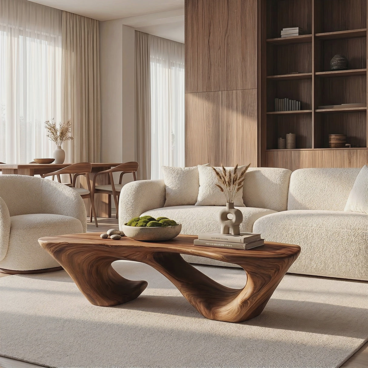 Solid Wood Coffee Table with Double Hollow Sculptural Base for Living Room