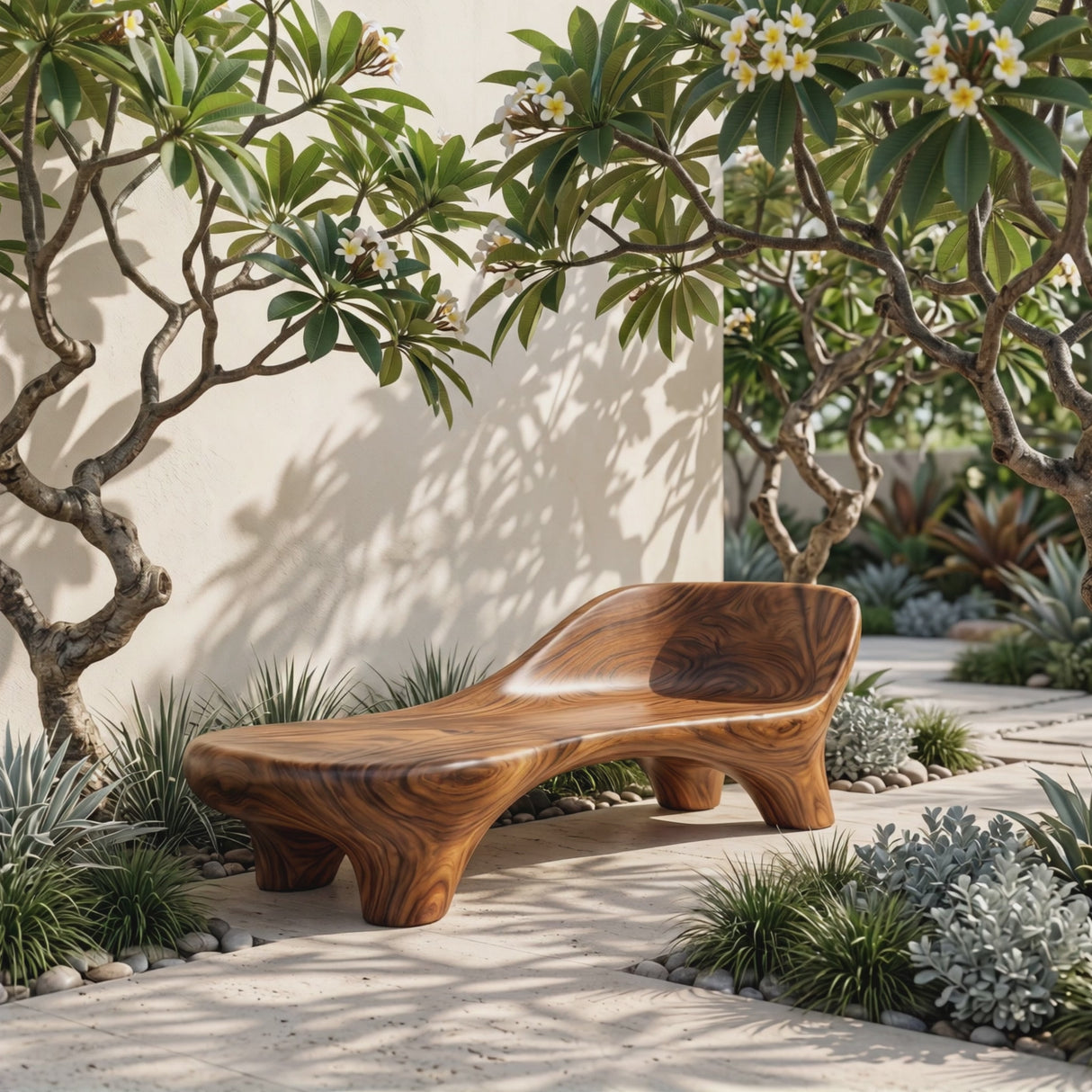 Handcrafted Organic Solid Wood Outdoor Chaise Bench with Curved Backrest