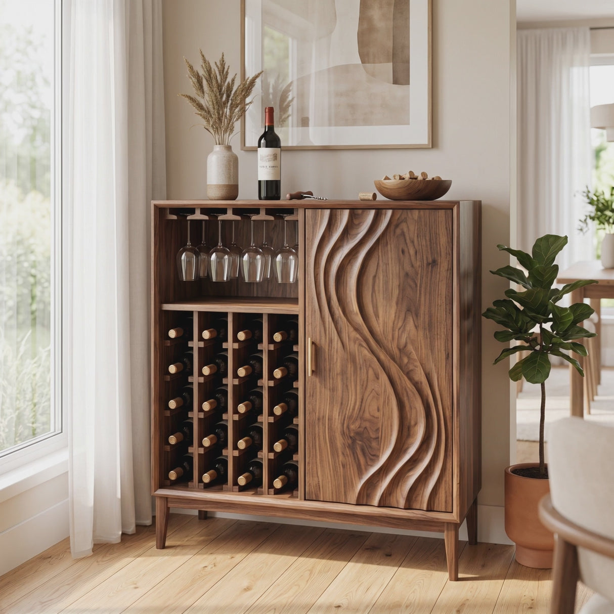 Solid Wood Wine Cabinet with Carved Wave Door for Dining Room