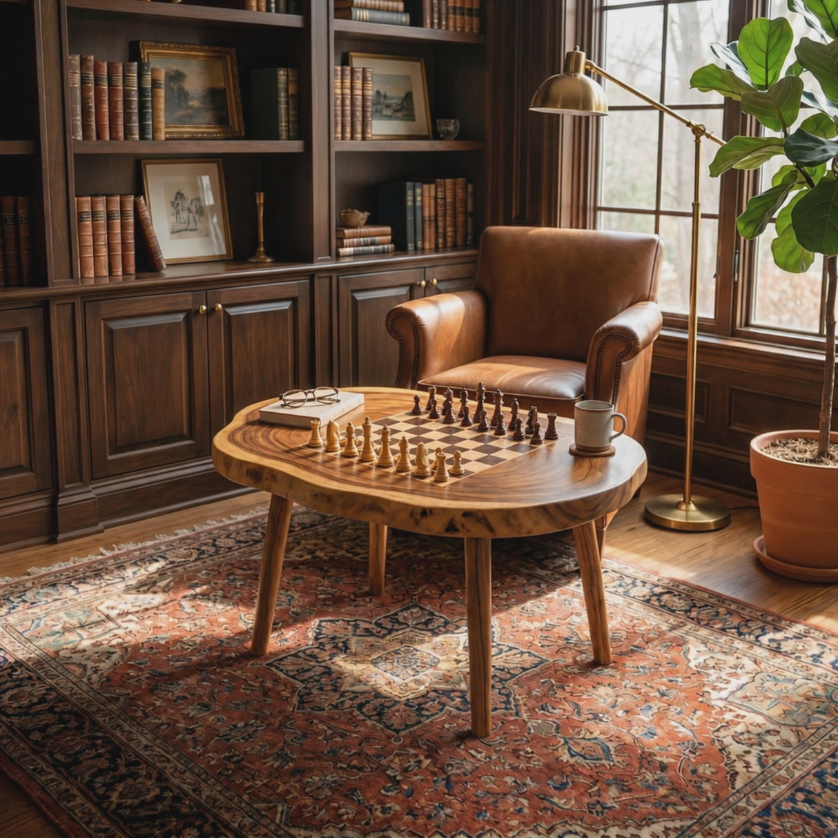 Handcrafted Solid Wood Oval Chess Coffee Table with Built In Board