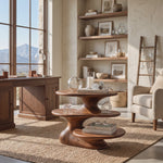 Sculptural Solid Wood Side Table with 3 Tier Shelves for Living Room Decor